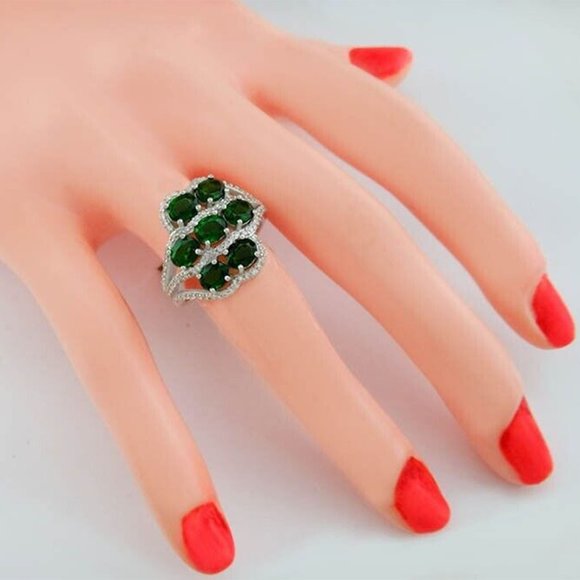 Genuine 1.47 Cts Tsavorite & White Sapphires Ring .925 Silver - Picture 3 of 4